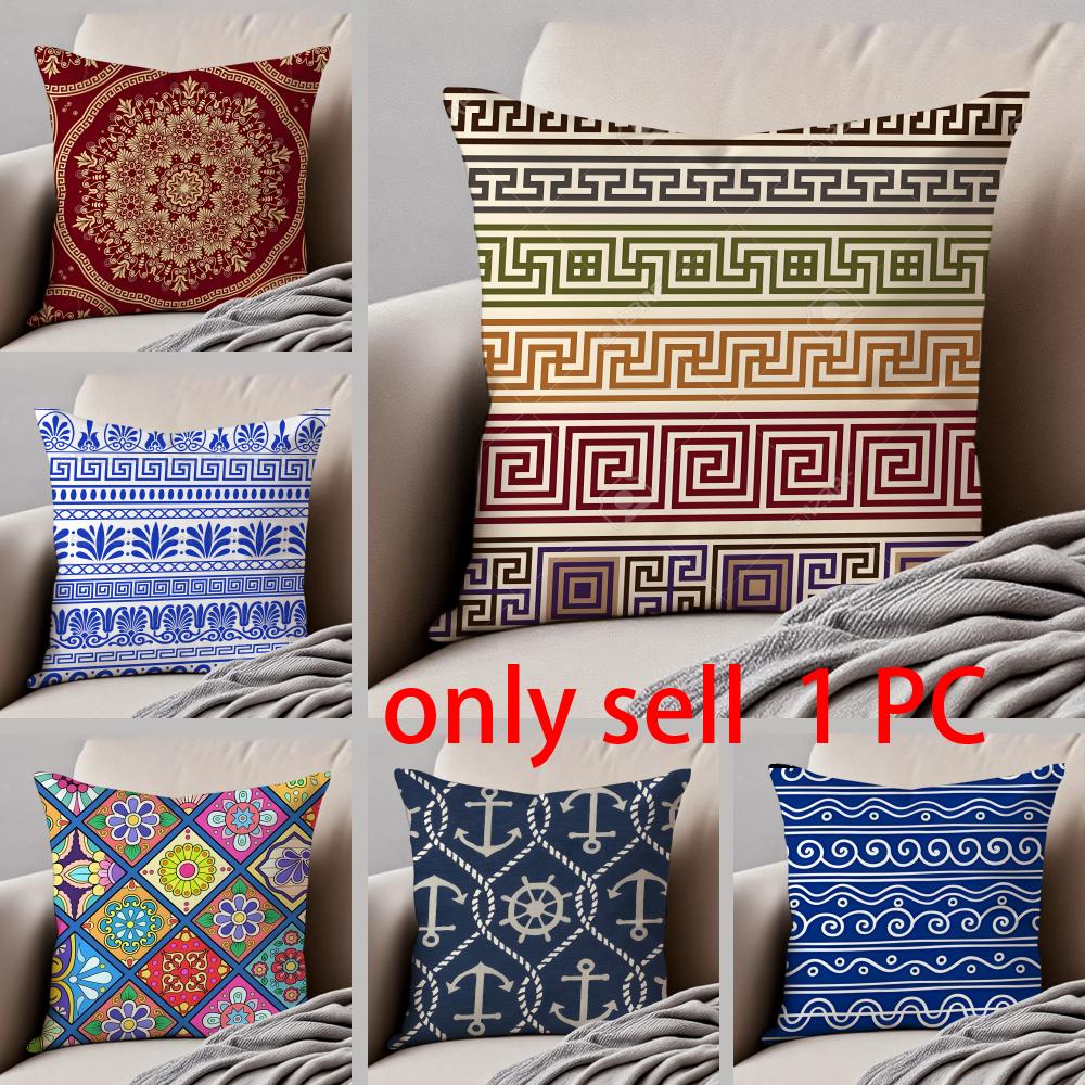 Meander Pattern Cushion Cover Linen Pillow Case Soft Breathable Protective Couch Room Decoration