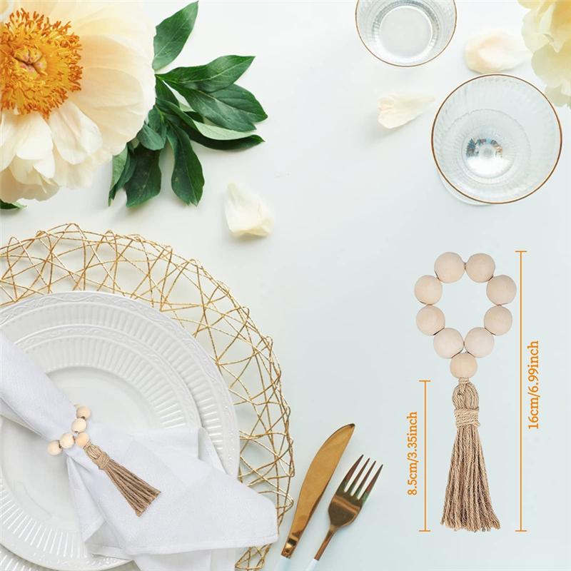 M-Modern-12PCS Natural Wooden Beads Napkin Rings With Tassels Napkin Holders For Christmas Farmhouse Wedding Home Table Decor