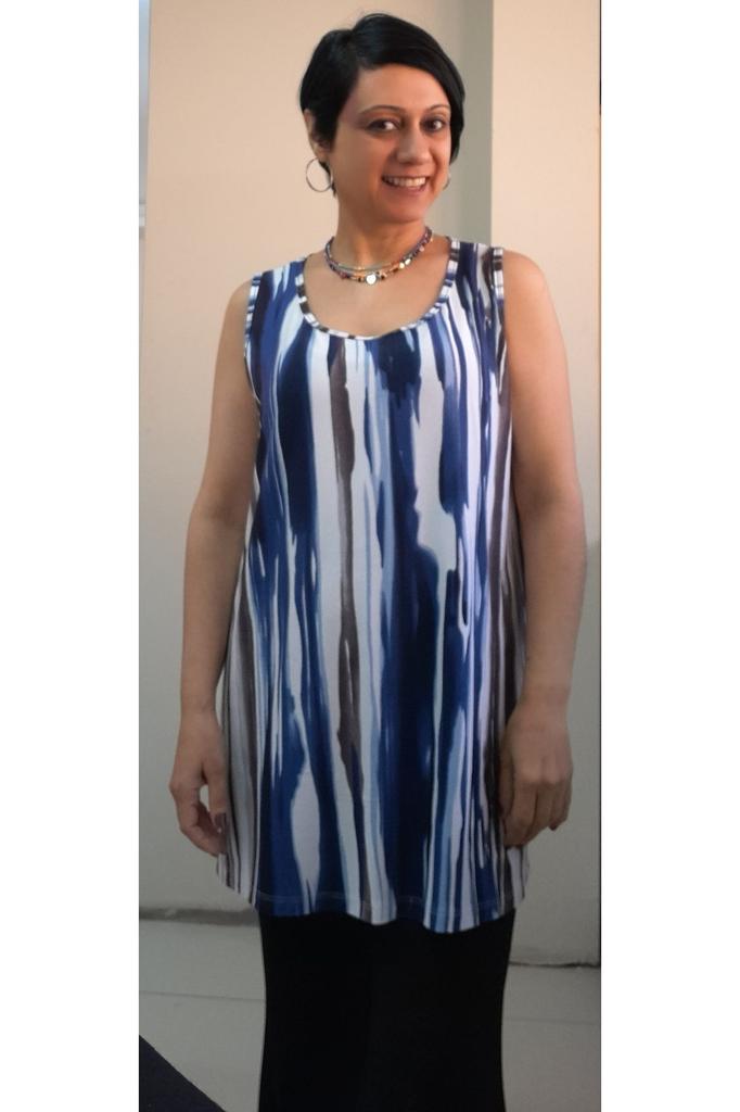 Damenstil Übergröße T-Shirt Blau und Weiß gefärbt Dicke Träger Gekämmte Baumwolle Viskose T-Shirt