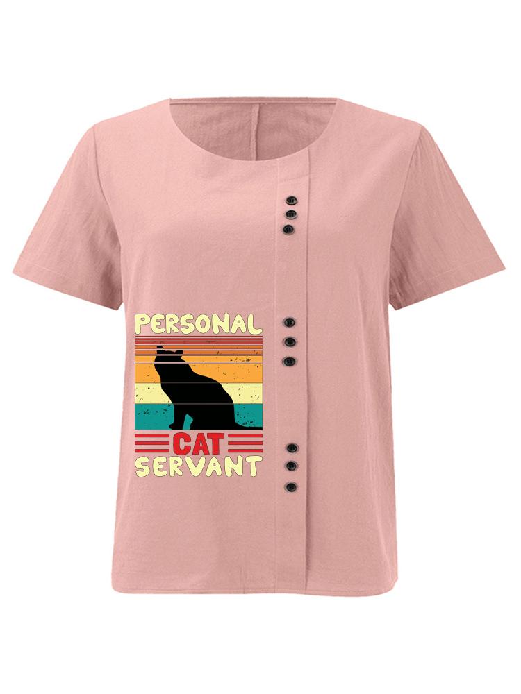 Women s Fashion Black Cat Print Casual Cotton Linen Short Sleeve Round Neck T-shirt Shirt Leisure Loose Summer Blouse Tops S