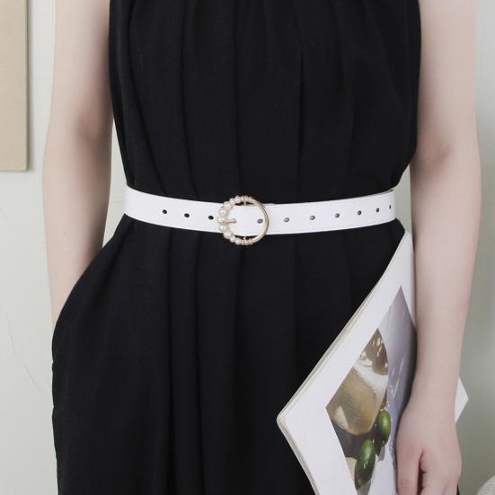 Imitation Leather Women Belt Faux Pearls Pin Buckle Adjustable Holes Design Waistband Versatile Fashion