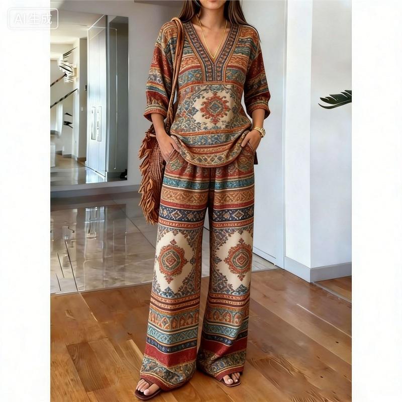 Bohemian-Print Baumwoll-Leinen-Hemd Weitbeinige Hosen Zweiteiler, Urlaubs-Freizeitanzug Damen
