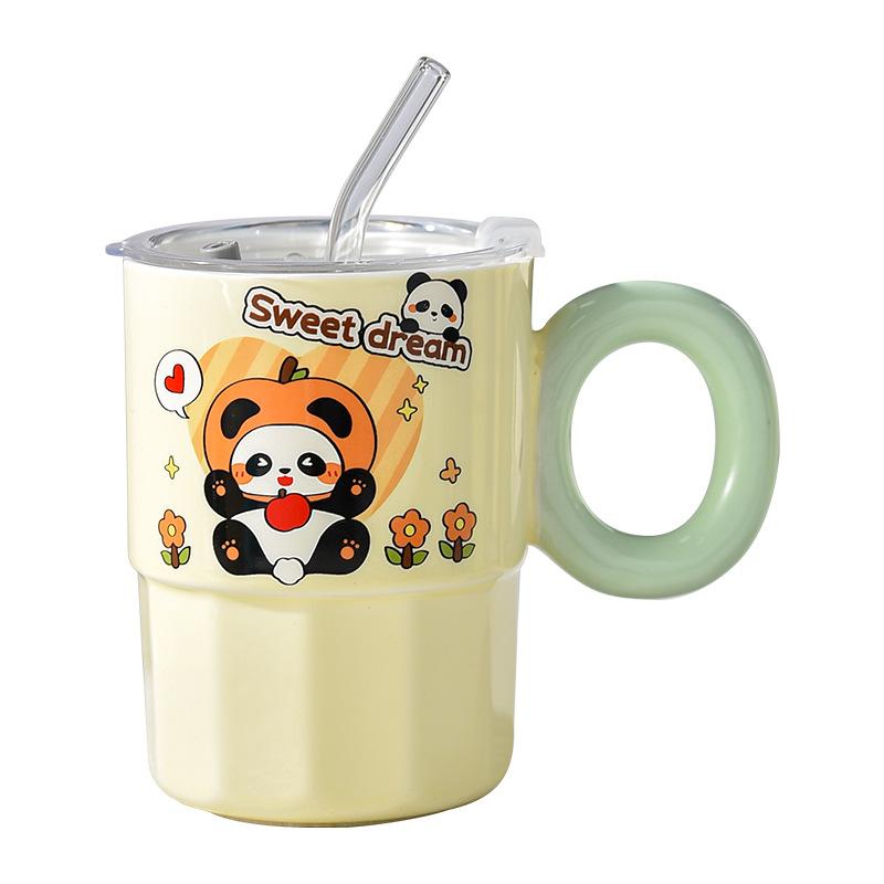 Panda Cute Girl Mug Ceramic with Lid Couple Large Capacity Drinking Water Handle Cup Straw Direct Drinking Dual Purpose