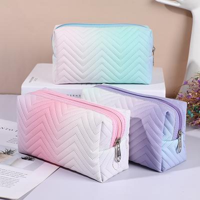 1 peça bolsa de maquiagem de cor gradiente para mulheres com zíper pu couro bolsa de cosméticos bolsa de viagem grande bolsa de maquiagem feminina itens necessários