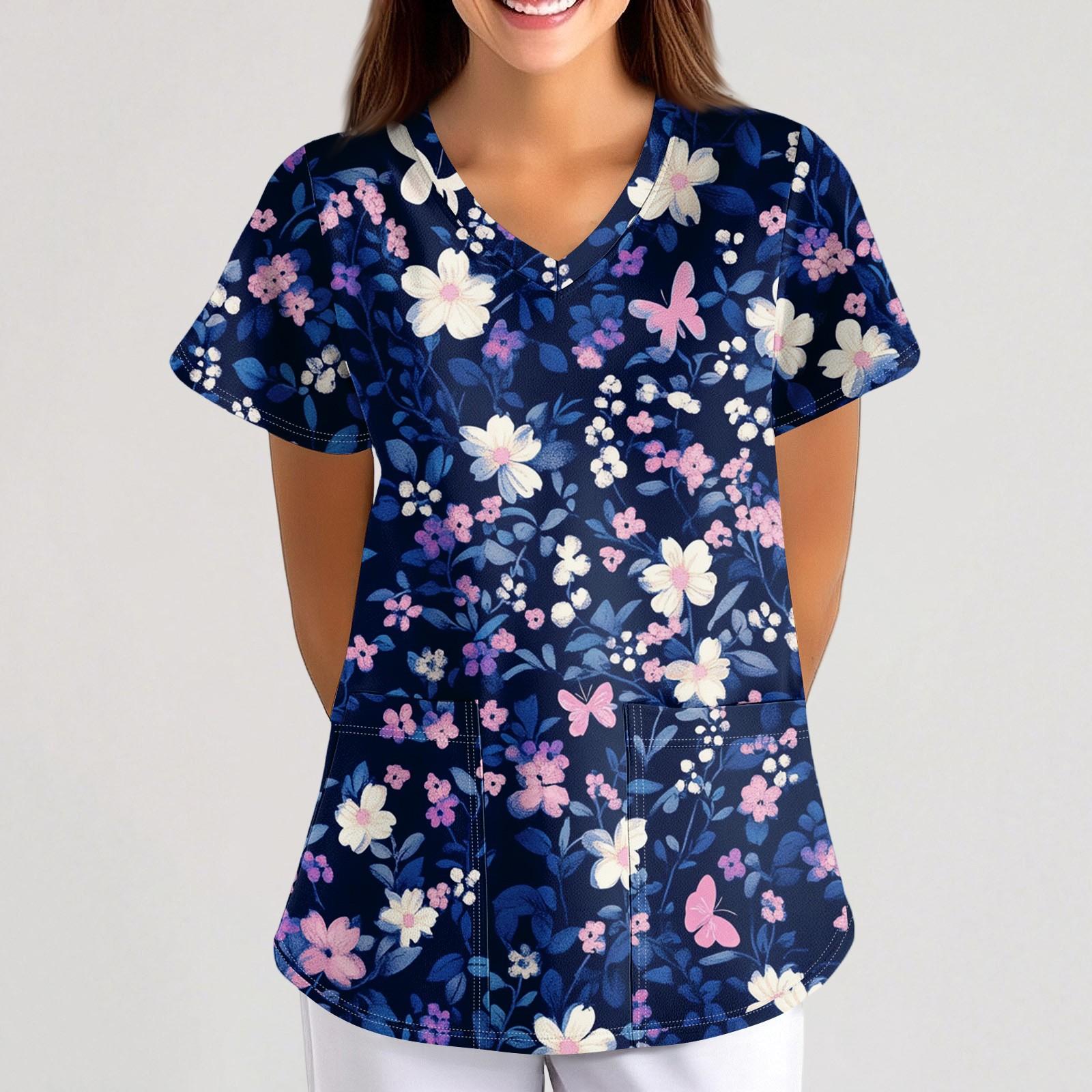 

Женская Свободная Униформа с коротким рукавом и V-образным вырезом и цветочным принтом с мелкими животными XXXXL