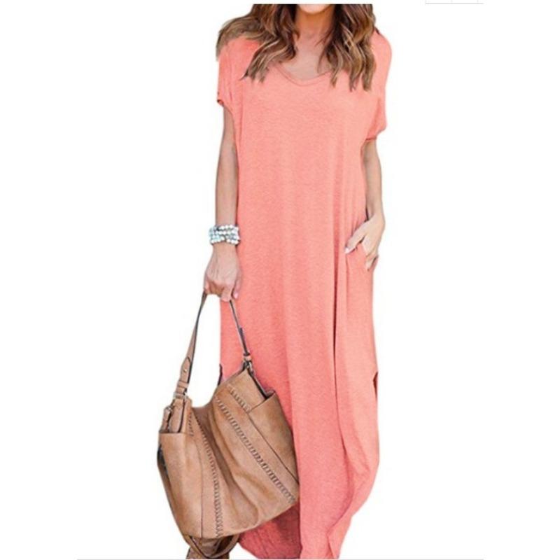 JPNTKY Fashion Summer Spring Solid Color Print Short Sleeve V-Neck Casual Dresses
