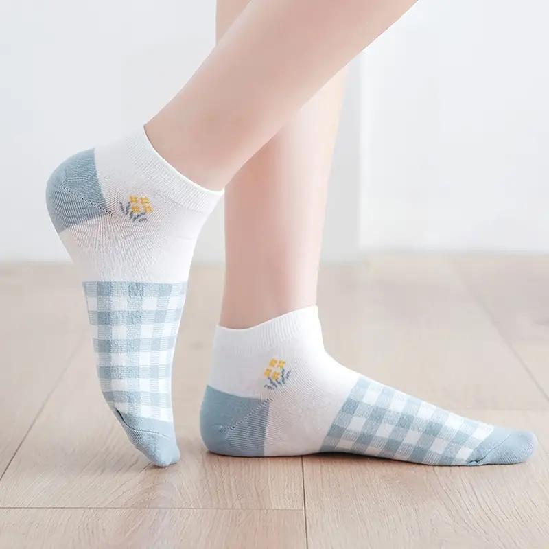 5 Pairs Blue & White Cute Socks , Mixed Pattern Socks Pack ,Women's Stockings & Hosiery