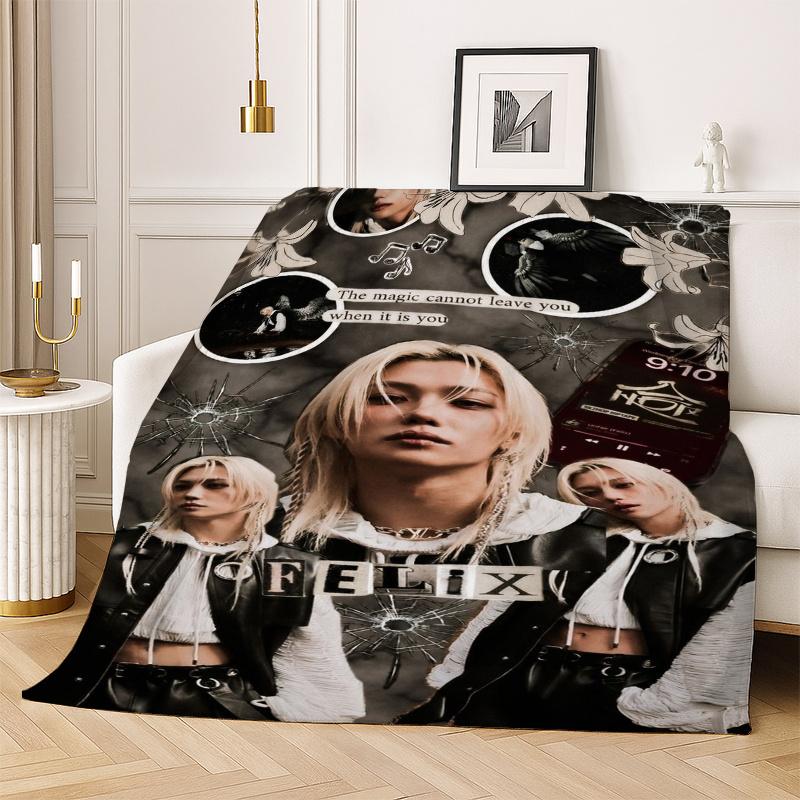 Felix Stray Kids Fleece Blanket 2D Printed Soft Cozy Dark Aesthetic Flannel Throw Blanket for Sofa Bed Dorm Warm Blanket Gift 75cmx90cm