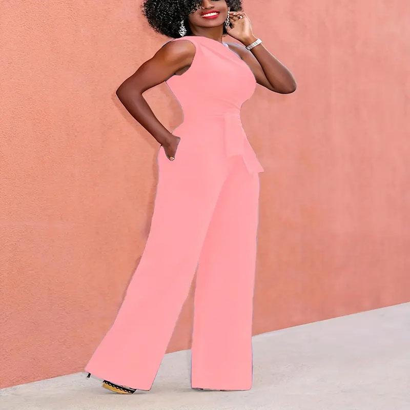 Women's Jumpsuit Solid Skew Collar Crop Top Straight Pants Belt Sexy Sleeveless Loose Pants Elegant Charming Playsuits