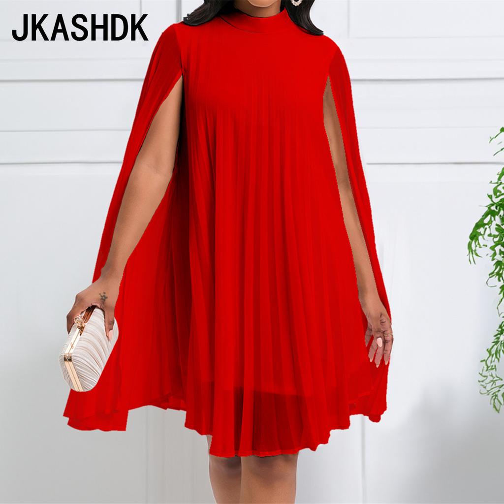 JKASHDK Abiti casual a vita alta con scollo a maniche lunghe con stampa tinta unita primavera autunno moda donna
