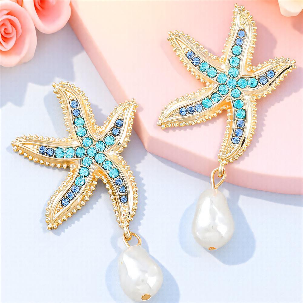 

Luxury Female Crystal Blue Stone Gold Color Stud Earrings Cute Bridal Starfish Wedding For Women