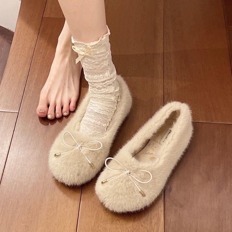 

Gentle fairy wind fluffy shoes outer wear autumn and winter new Korean version soft-soled cotton shoes flat-soled velvet Doudou shoes 40