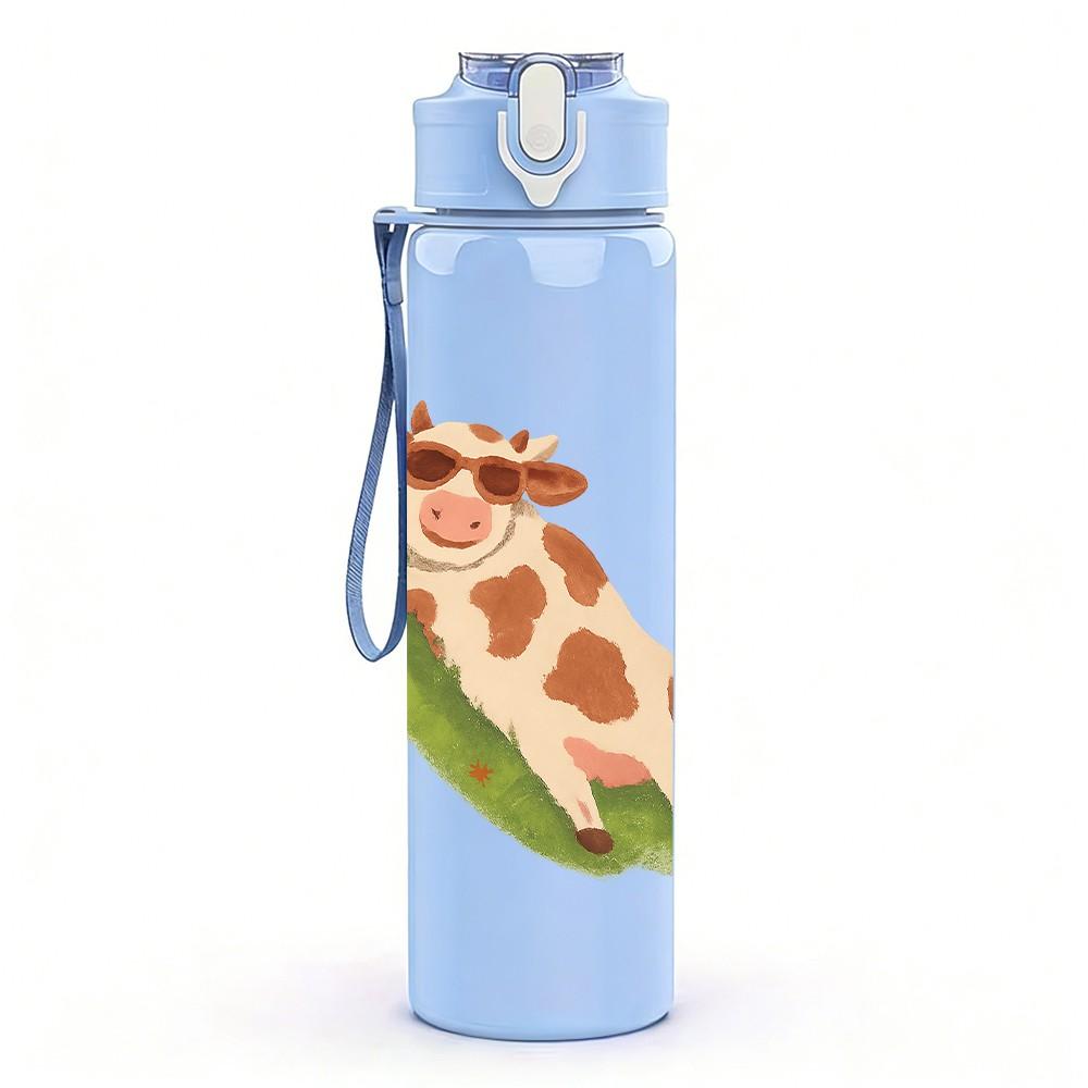 1PC Lying Spotted Cow Cartoon 750ml Color Plastic Sports Water Bottle Leakproof Flip Straw Lid Suitable for Sports Office Home Use