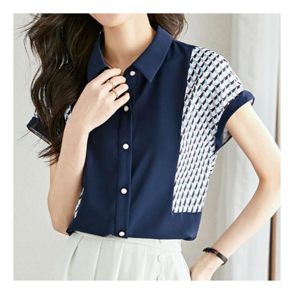 Navava Women Vintage Pattern Collar Cap Sleeve Shirt Nb1476