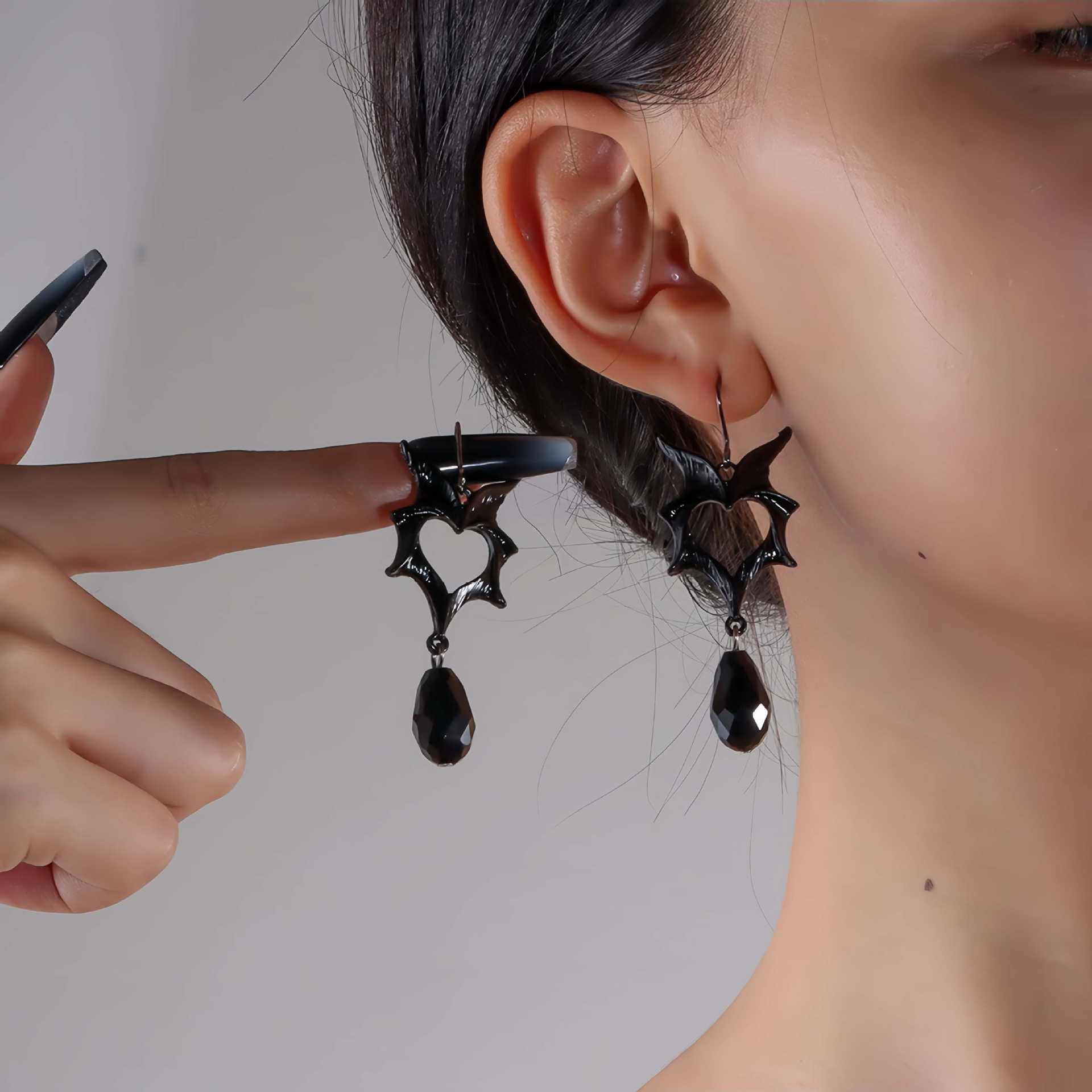 Gothic Bat Wings Heart Earrings with Black Teardrop Pendants Small