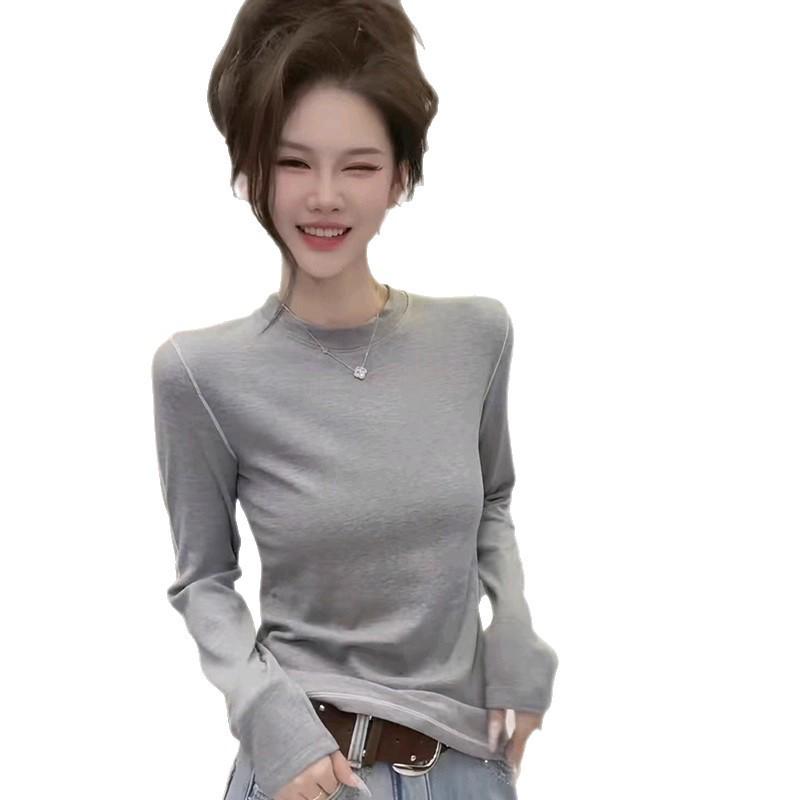 2025 Autumn/Winter Women's Stylish Round Neck Long Sleeve Plus Velvet T-shirt, Inner/Outer Base Layer