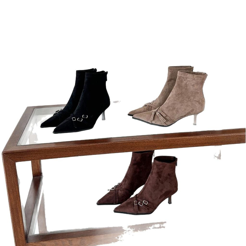 Pointed high-heeled suede short boots Autumn temperament Cross belt buckle short boots Women's boots