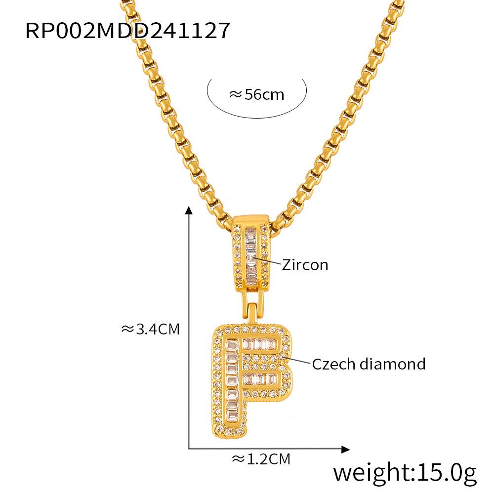 Minimalist Letter Inlaid Diamond Copper Pendant Necklace with Long Box Chain in Gold-Plated Titanium Steel