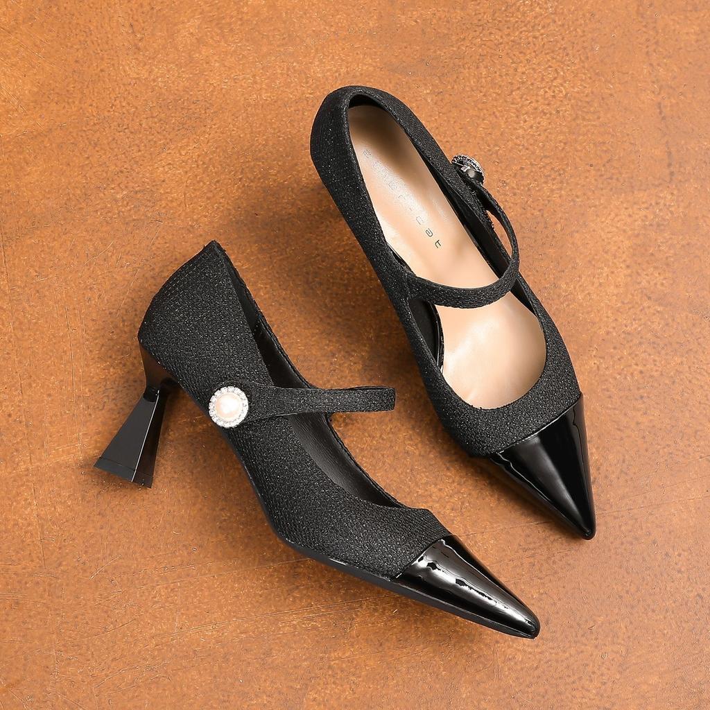 75335 [sheepskin] high heels women's thin heels 2025 new pointed splicing word with Mary Jane single shoes