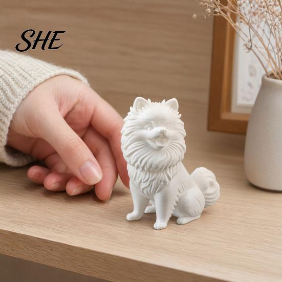 Pomeranian Collectible Figure 3D Printed Cute Dog Figurine, White Twisting Head Puppy Statue, Small Pure Decor Desktop Ornament for Home Office
