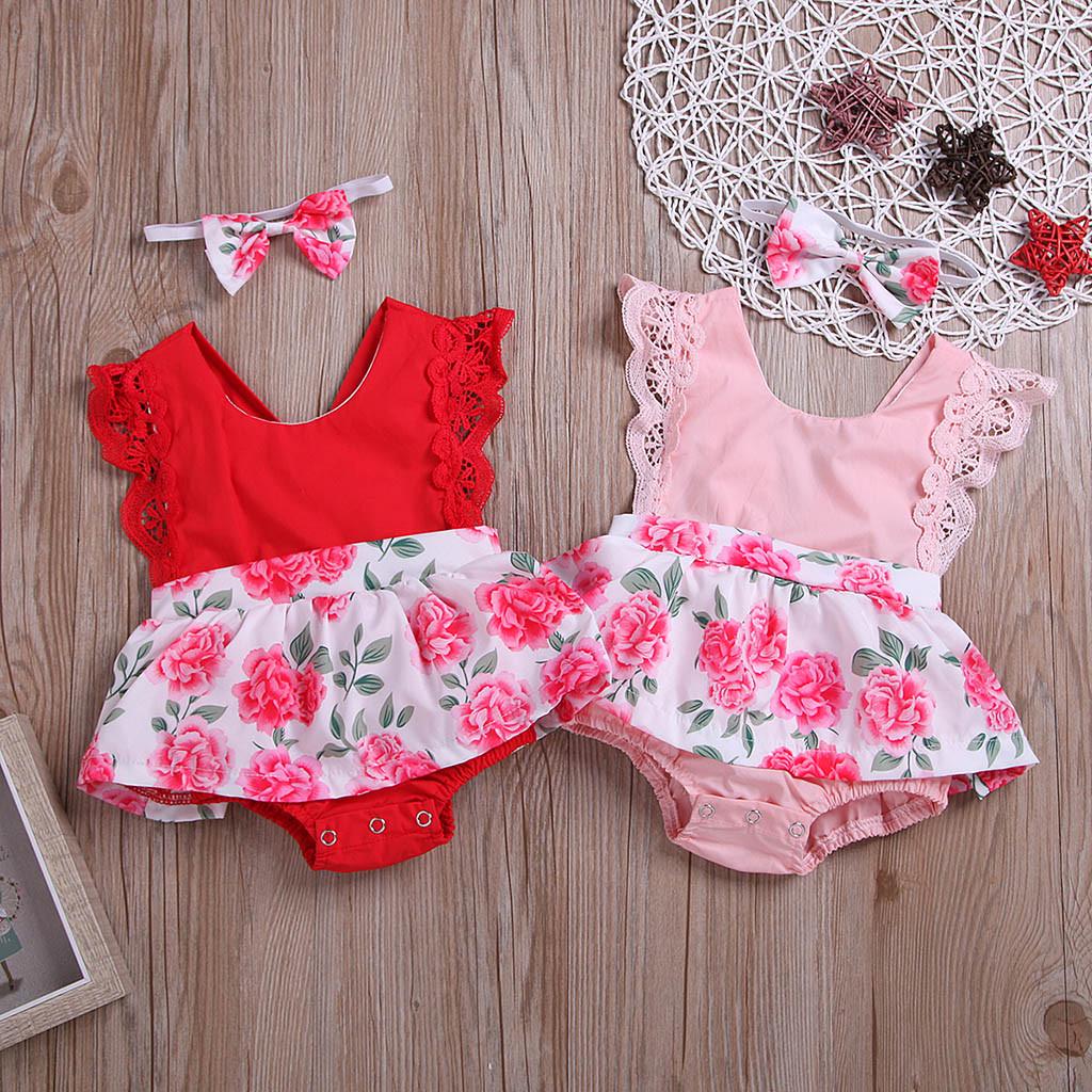 

Infant Baby Girls Sleeveless Floral Lace Backless Romper Bodysuit Dress+Headband