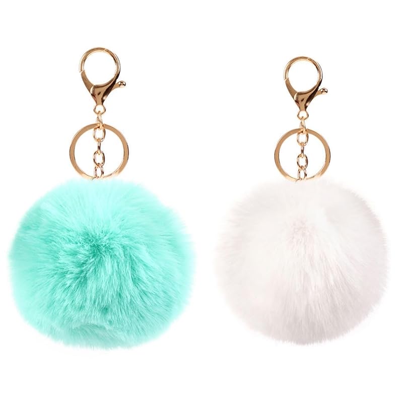 

COZENTA charm Fluffy pom pom key ring cute set of 2 (Aqua blue white)