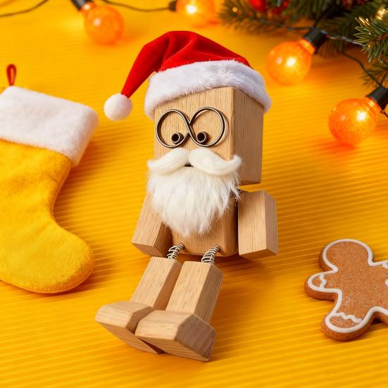 Christmas Shaking Wooden Man Figurine with Santa Hat And Beard Handmade Shaking Feet Wooden Doll with Magnetic Expressions for Car