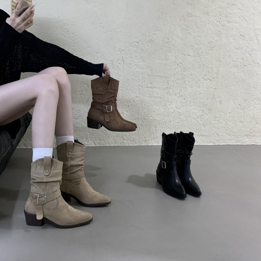 Thick Heel Martin Boots Women's Autumn and Winter Short Boots 2025 New High Heel Boots French Retro Short Boots Pleated Stacking Boots