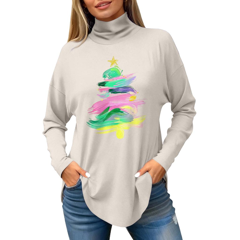 Women's Fashionable Loose-Fit High-Neck T-Shirt With Christmas Print Long-Sleeved Top