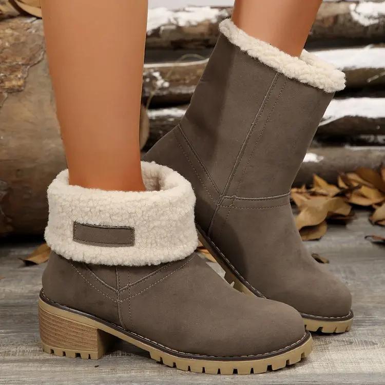 Fashion Women Boots Winter Fashion New Casual Comfortable Shoes Plus Velvet Warm Square Heel Round Toe Solid Color Ankle Boots Women