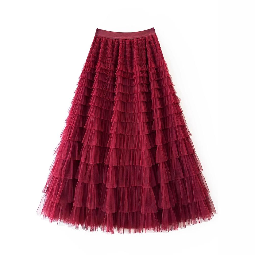 Women's Elastic Waist A‑Line Maxi Tulle Skirt Fresh Sweet Tiered Cake Long Skirt