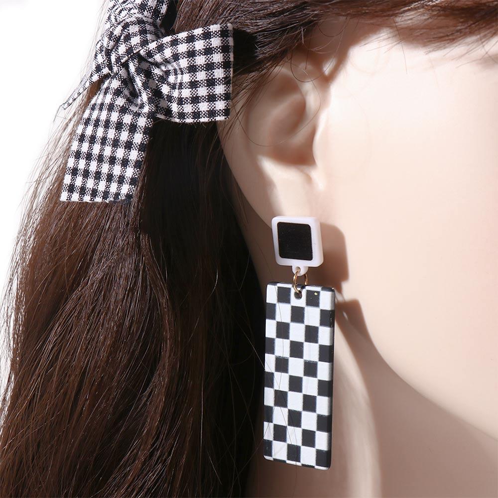 Korean Style Checkerboard Rectangle Women Earrings Dangle Earrings Ear Studs Checkerboard Earrings