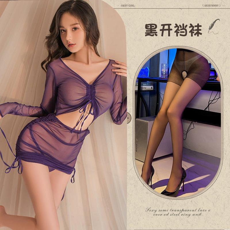 Perspective love underwear sexy perspective mesh one-piece pajamas hollow uniform temptation hip skirt