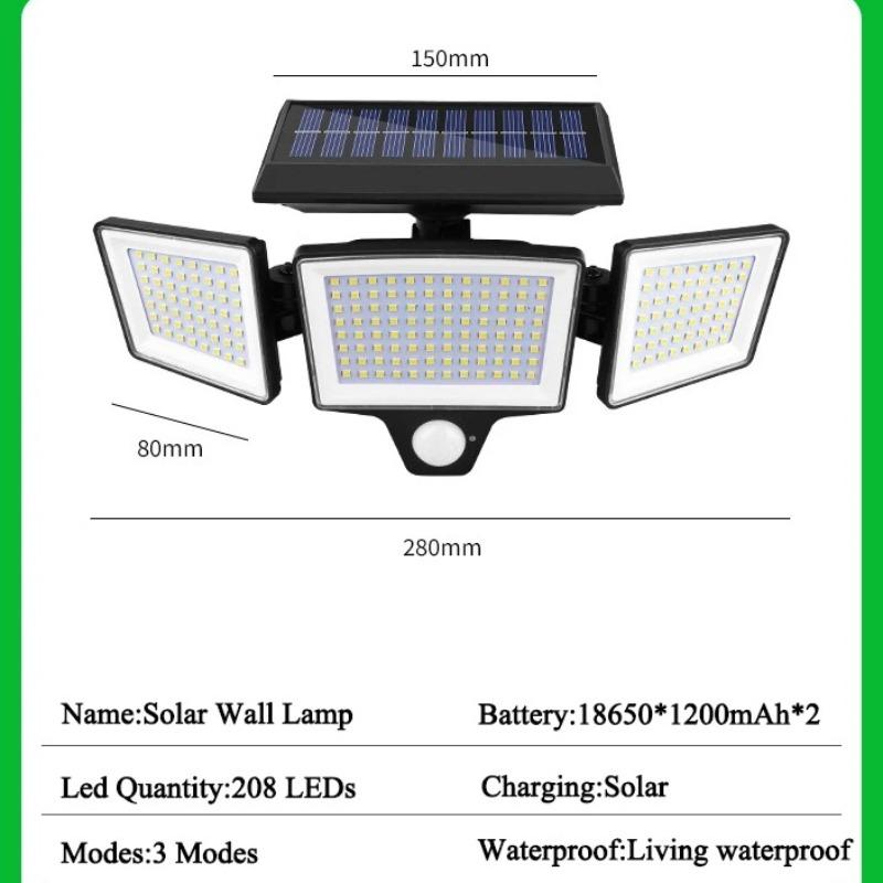 208 LED Solar Outdoor Lights 3 Heads Motion Sensor Security Lamp IP65 Waterproof Remote Control 3 Modes Flood Wall Light