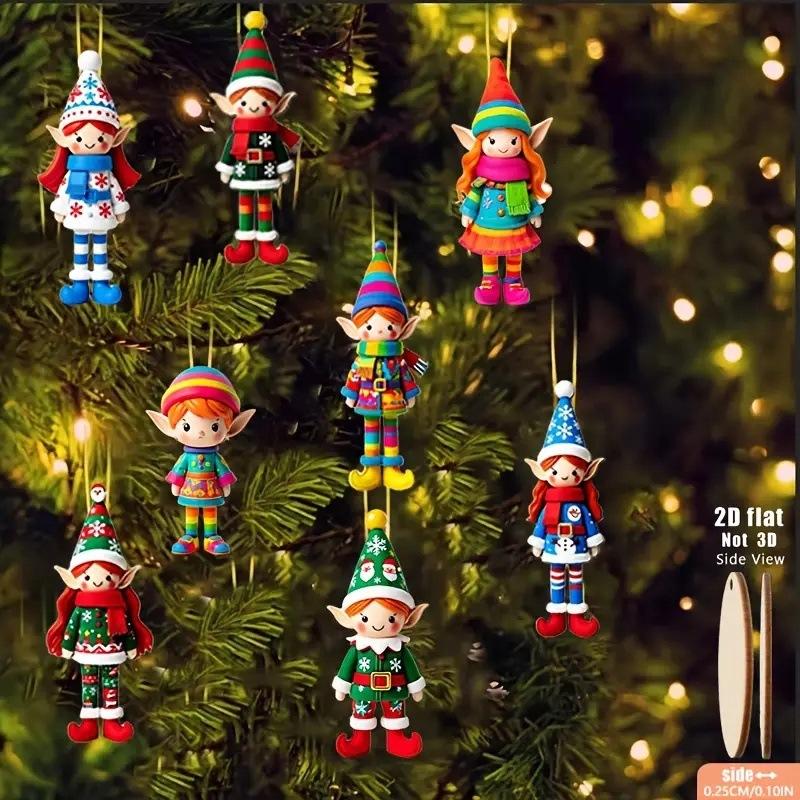 8/16/32Pcs Christmas Wooden Pendants 2D Angel Elf Xmas Hanging Ornament With Rope Christmas Home Decoration Diy Gift Labels
