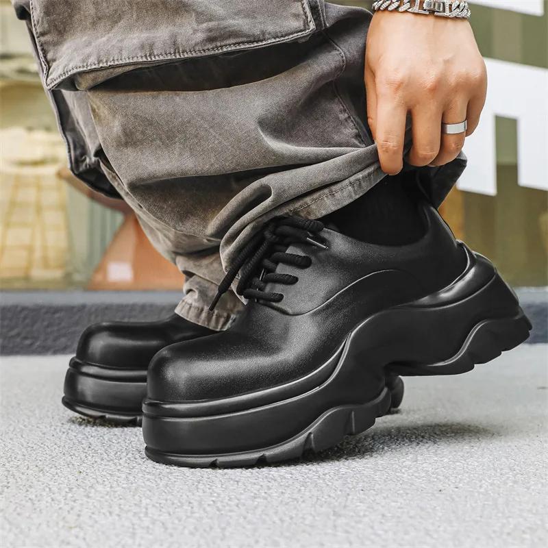 Sapatos Casuais Masculinos de Couro com Solado Grosso Aumento Tênis Masculino Moda Homem Sapatos Oxfords Calçados Formais