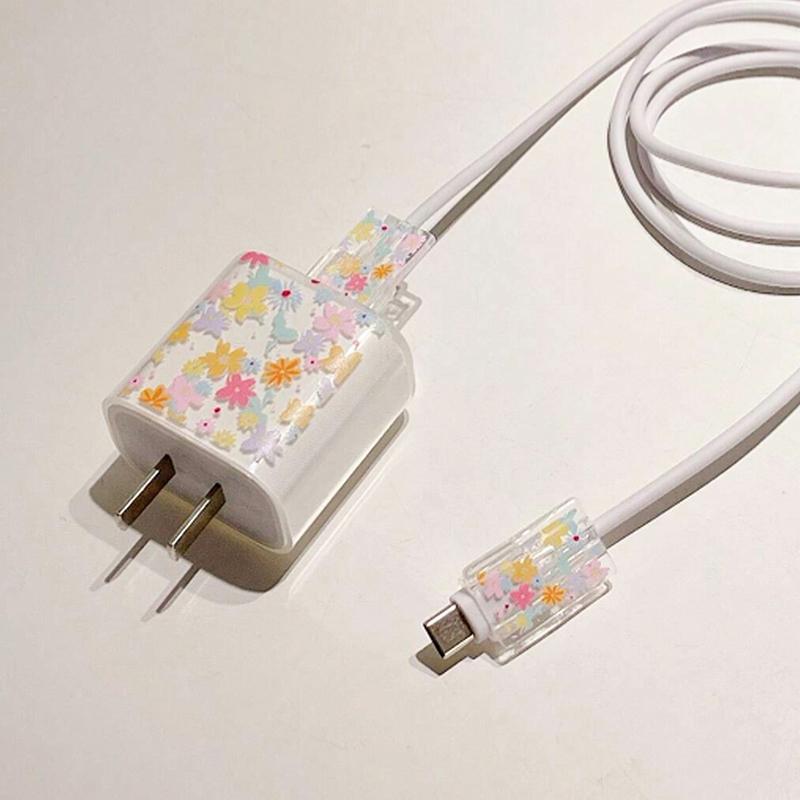 Transparent Flowers For 18/20W Charger Protective Case Is Applicable To 16/15/14/13 Data Cable Head Bite Protector Shell