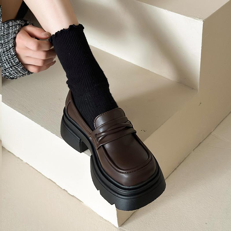 Platform loafers women's shoes 2026 new popular heightening women's shoes British style small leather shoes women's black single shoes