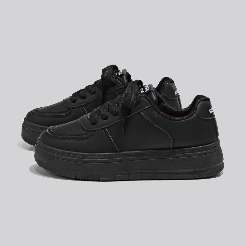 Fashion Spring Women Faux Leather Sneakers Lace Up Low-top Round Toe Thick Bottom Outdoor  Women Shoes Comfy Versatile Zapatos De Mujer