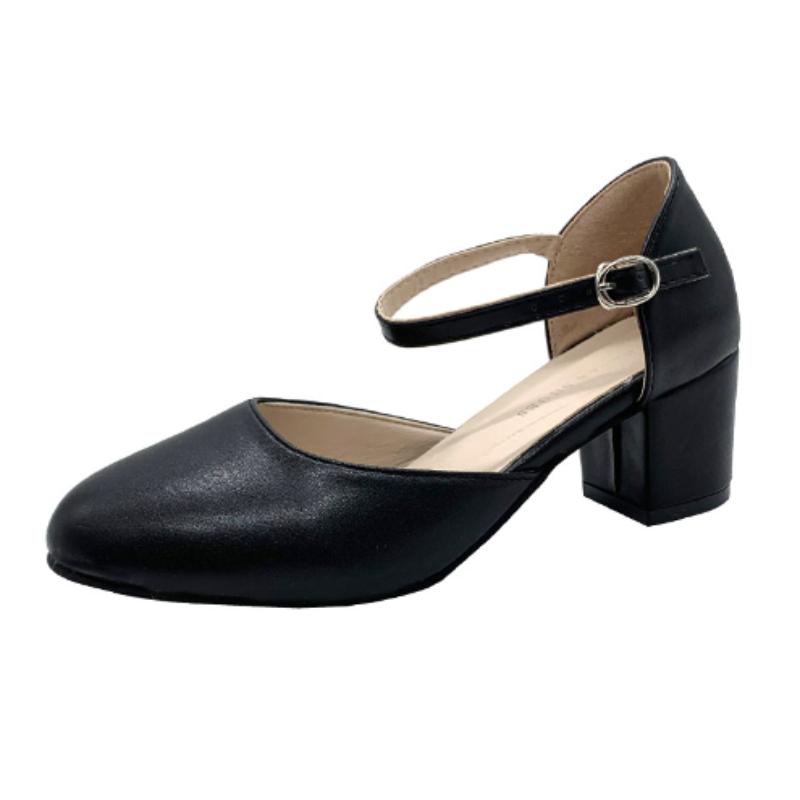 Plus Size 34-42 Women Low Heels Dress Shoes Ankle Strap Cover Toe Sandals Office Lady Shoe Black Ladies Shoes Mary Janes