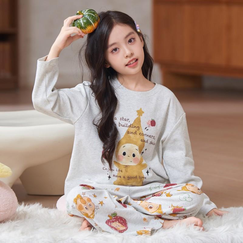 100% Cotton Girls Pajama Set Long Sleeve Round Neck Thin Home Wear Kids 8 Years