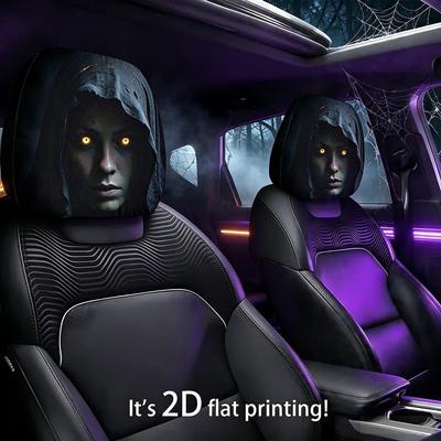 2Pcs Halloween Horror Face Printing Car Headrest Covers Universal Elastic Dustproof Seat Headrest Protective Sleeve Car Decor