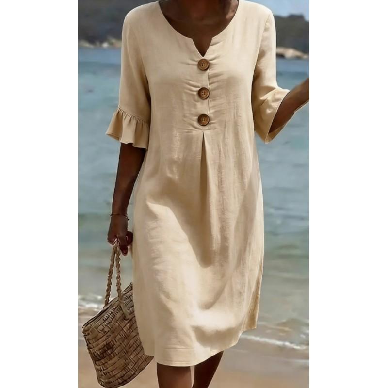 

Women s Summer Solid-Color Casual and Comfortable Dress: Short-Sleeve, Mid-Waist, V-Neck, Button-Down, A-Line XS