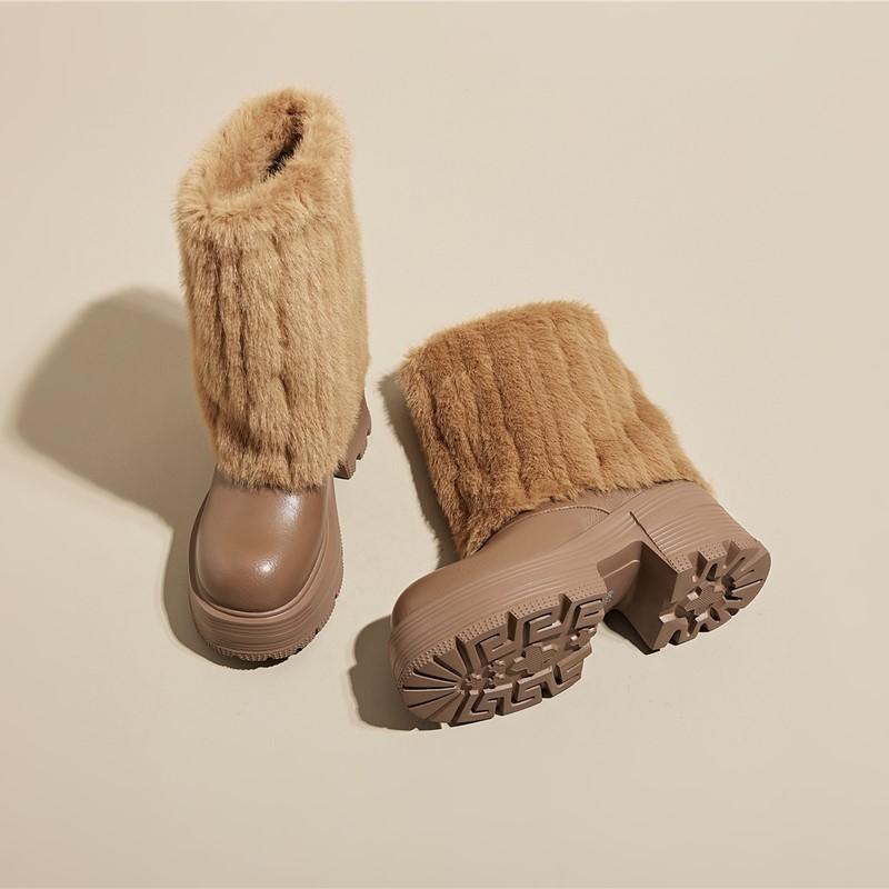 Botas de Tacón Alto para Mujer Plataforma de Lana Botines Medios para Mujer Cuero Genuino Moda Botas de Motero Damas