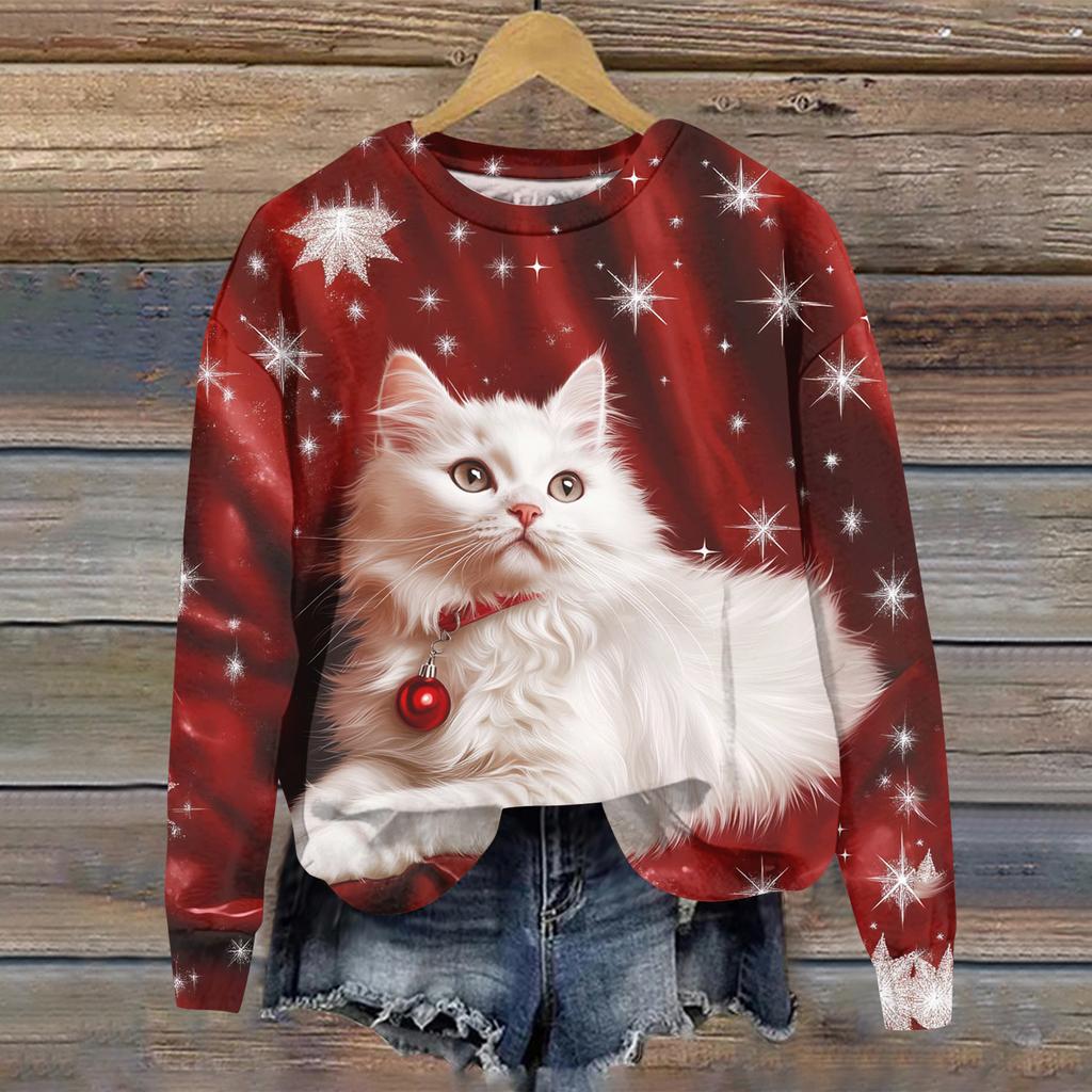 Ladies' Christmas Printed Casual Long Sleeved Round Neck Sports Hoodie Top