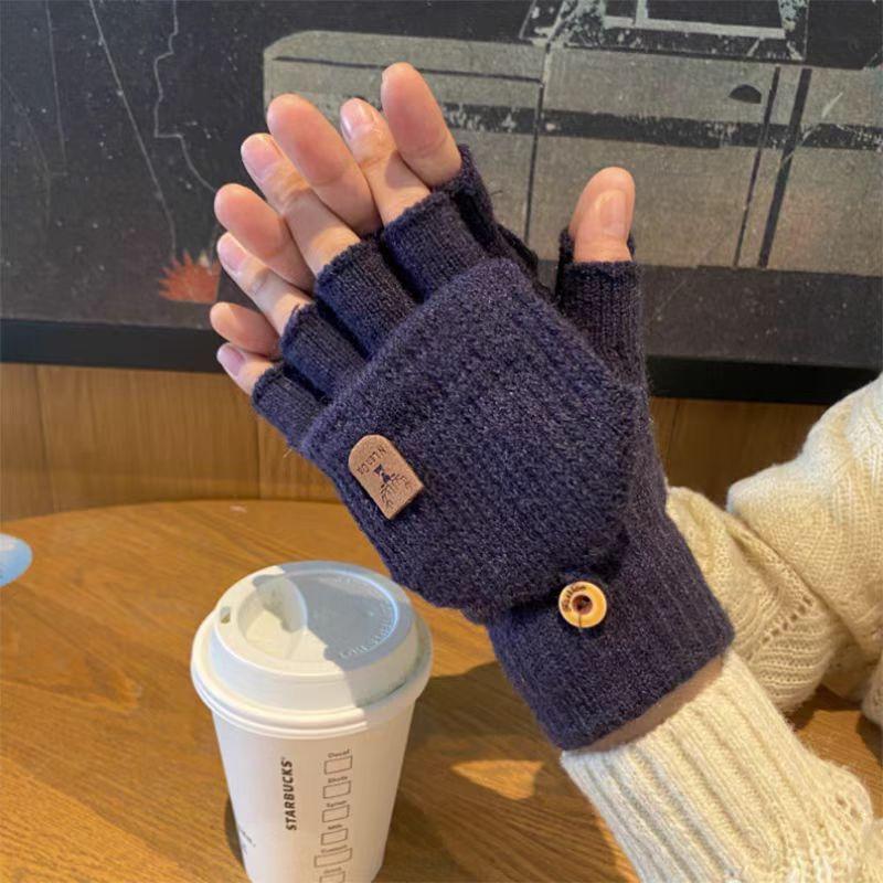 New Winter Knitted Gloves for Men Outdoor Windproof Touch Screen Flip Dual Use Plush Warm Half Finger Gloves Korean Version Trendy