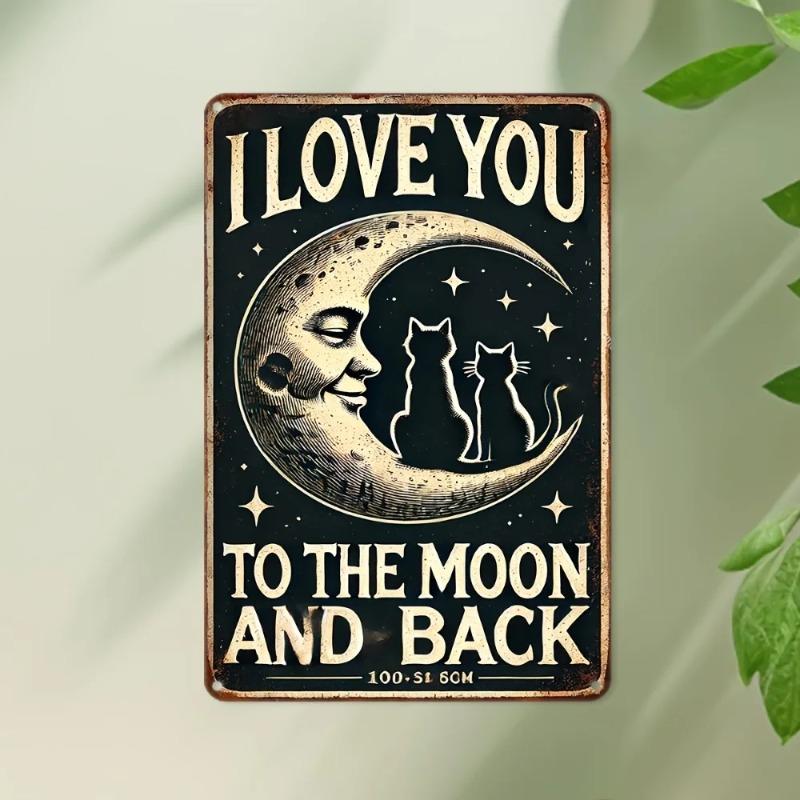 Metal Tin Sign Love Moon and Back Vintage Wall Art Decor Waterproof Pre Drilled Holes