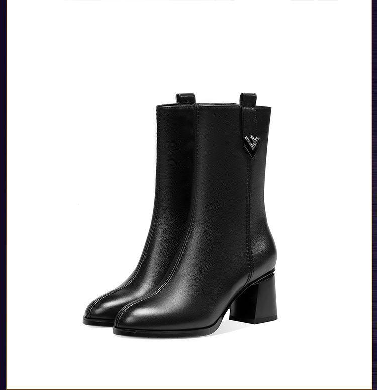 Damskie botki do kostki z prawdziwej miękkiej skóry z okrągłym noskiem - jesienno-zimowe do połowy łydki, średni obcas, plus aksamit i pogrubione dla kobiet i mężczyzn