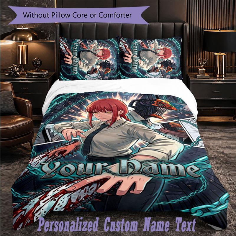 Personalized 3Pcs Bedding SetChainsaw Man Custom Text Duvet Cover Pillowcase Set Bedroom Gift