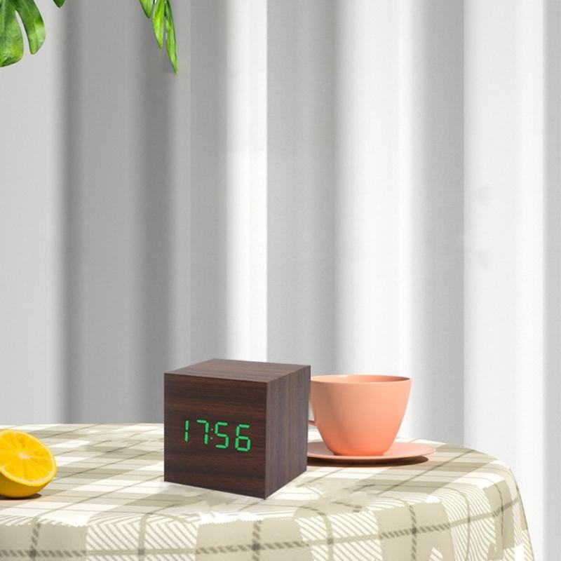 Wood Cube Voice Control Alarm Clock Bedside Table Square Clock Multipurpose for Children Bedroom Dormitory